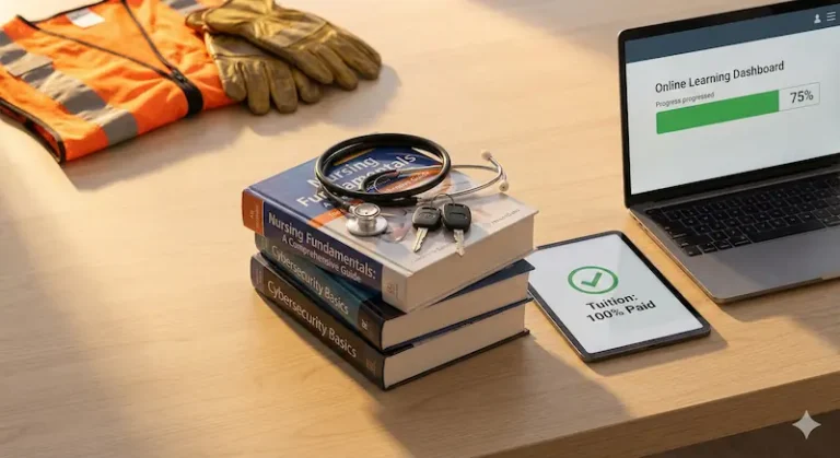Study materials and work equipment on a table representing the Amazon Career Choice program, which pays for nursing and truck driver training.