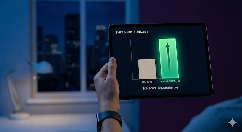 Comparative salary chart for Amazon Canada 2026 showing the pay difference between day and night shifts with salary bonuses.